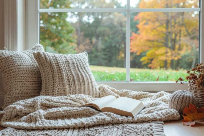 Coin lecture douillet avec plaid en laine épaisse, coussins beige et livre ouvert devant une fenêtre aux couleurs d'automne.