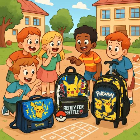 Des enfants à l'école admirent une collection de sacs scolaires dont un cartable pokemon à roulettes et un sac à dos Pikachu.