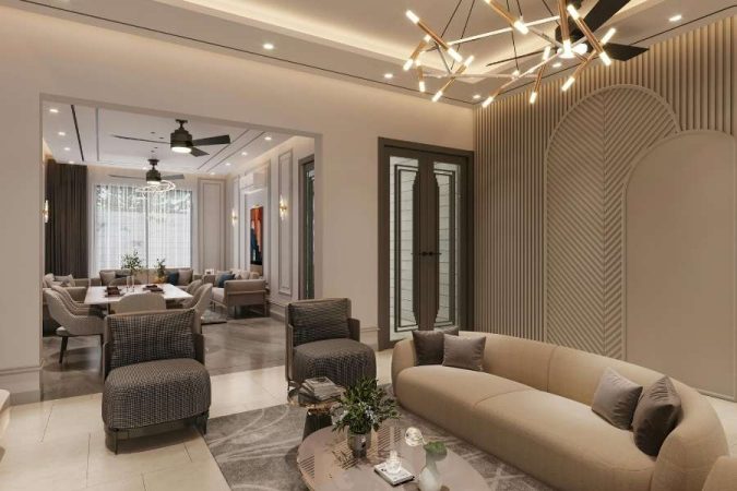 Un lustre géométrique moderne suspendu au-dessus d'un canapé beige pour un éclairage de salon sophistiqué.