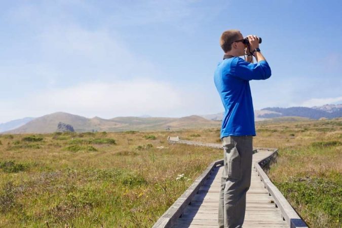 Un randonneur debout sur une longue passerelle en bois dans une prairie herbeuse utilise des jumelles pour observer les paysages lointains, un des meilleurs spots de randonnée de la région.