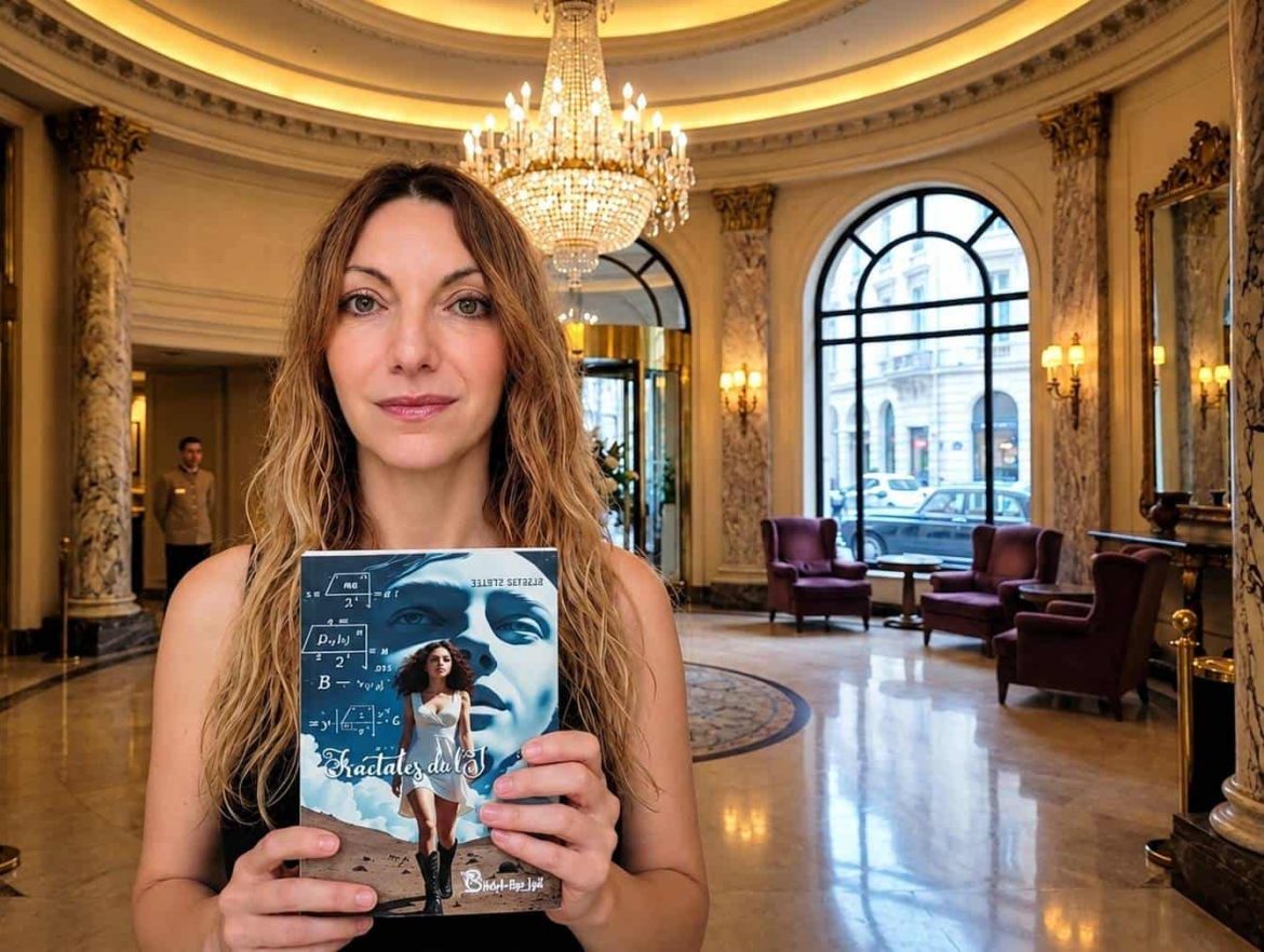 Portrait de l'autrice Céline Estelle présentant son livre dans le hall luxueux d'un grand hôtel.